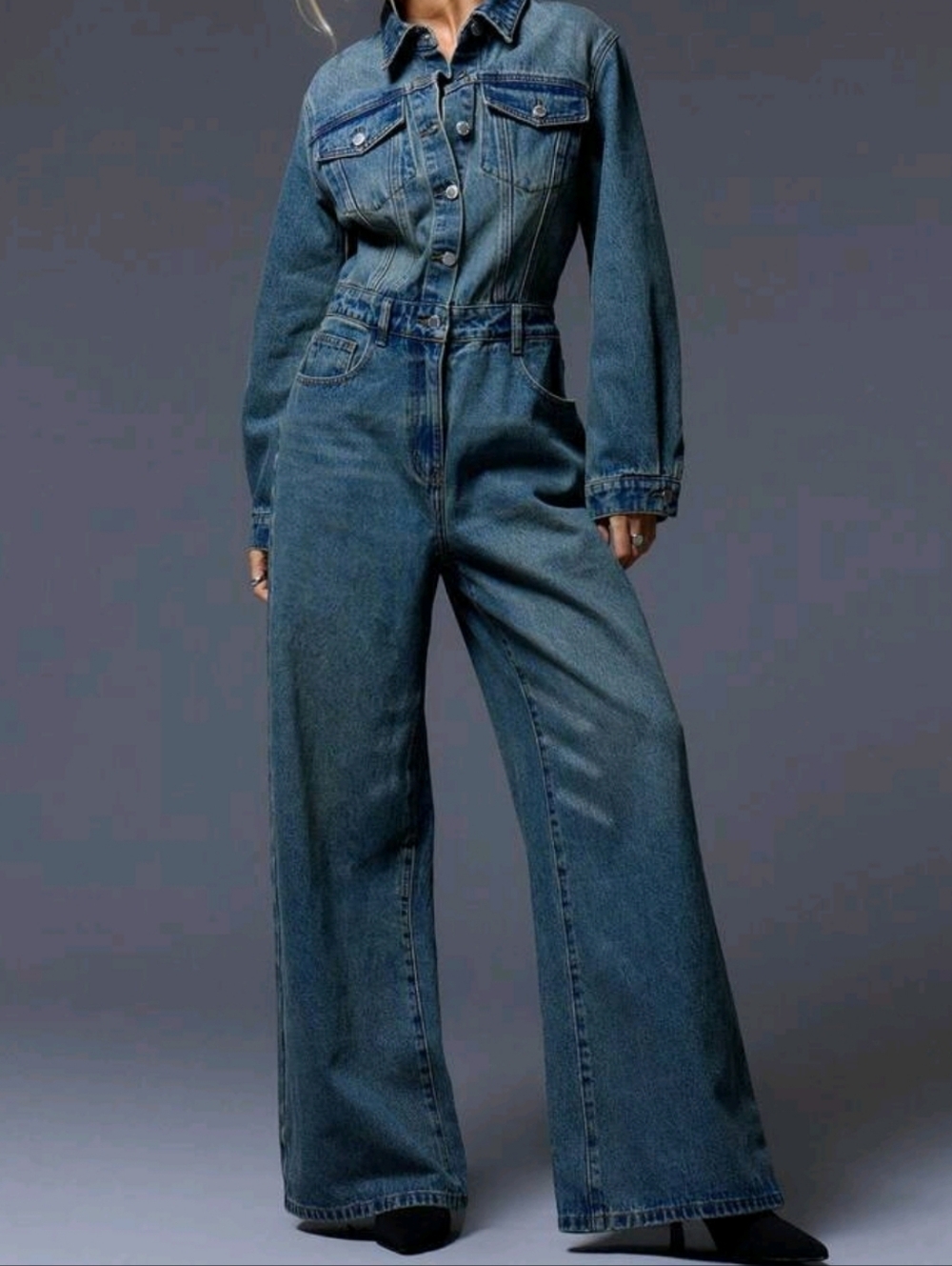 SHEIN Two-Tone Blue Wide-Leg Denim Jumpsuit